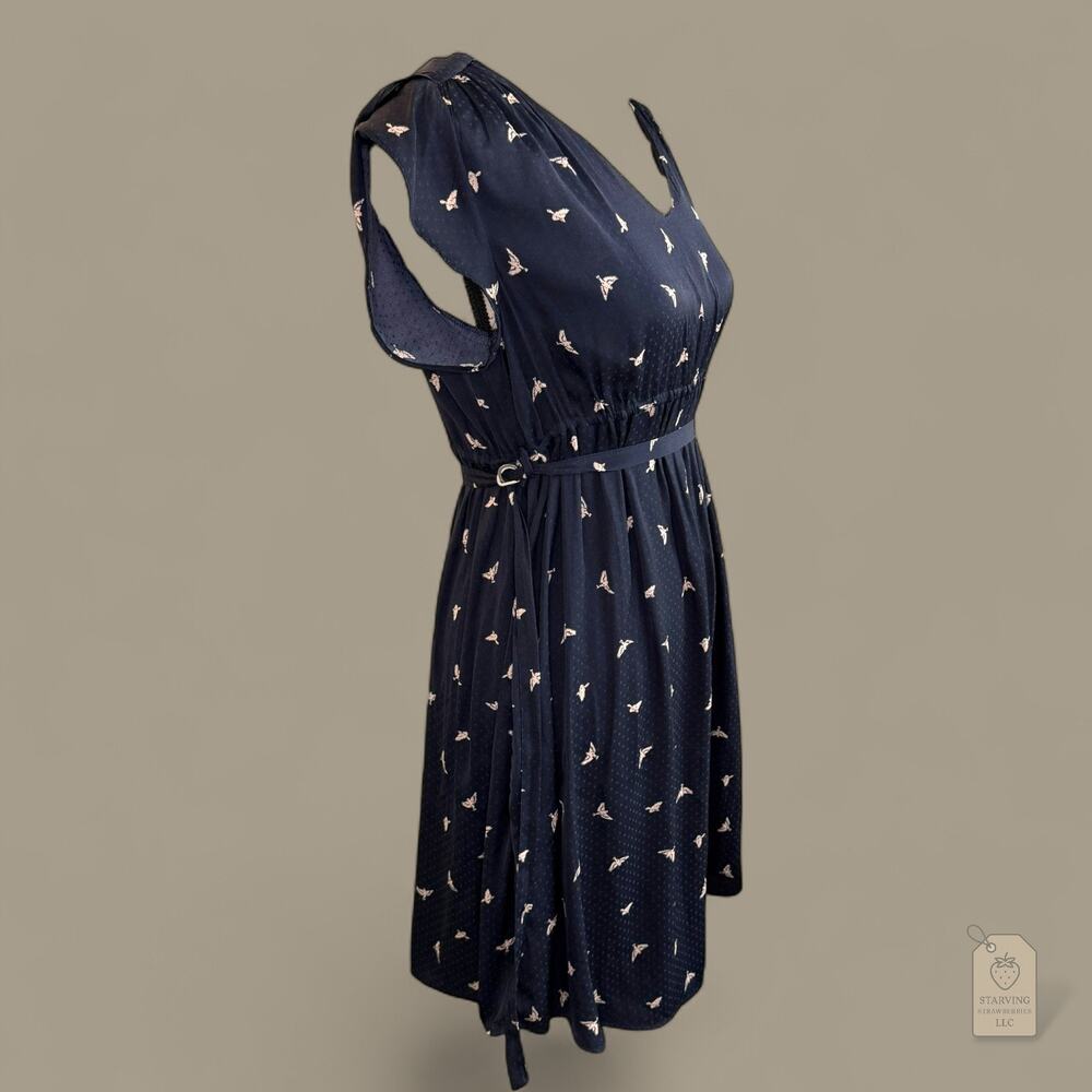 H&M Mama Navy Bird Print Dress | Flutter Sleeve Belted V-Neck | Maternity Small - Picture 3 of 9